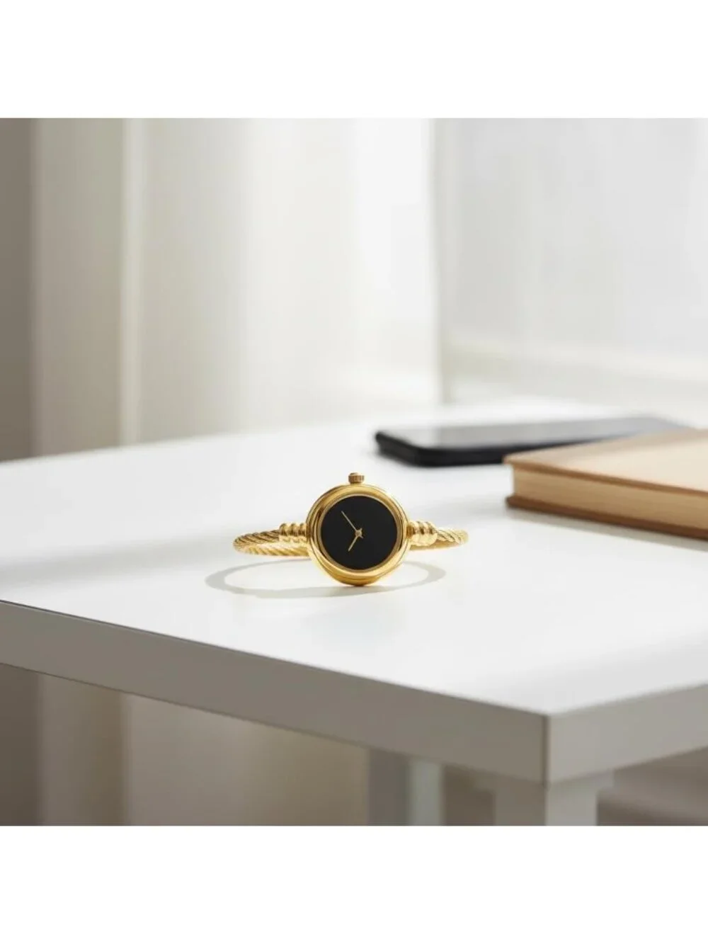 Women's Gold And Black Face Analog Quartz Elegant Cable Cuff Fit Bracelet Watch